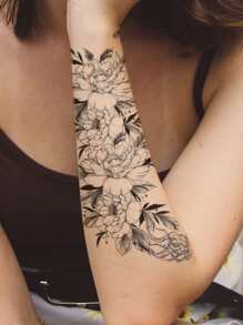 纹身贴纸套装，6 张花卉图案女士临时纹身，混合花卉纹身贴纸成人，逼真的假纹身，适合男性、女性和女孩 - 黑與白 - 查看 3