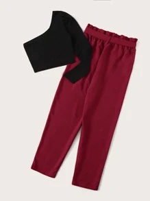 SHEIN LUNE 單肩上衣和紙袋腰腰帶長褲套裝 - 彩色 - 查看 2