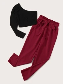 SHEIN LUNE 單肩上衣和紙袋腰腰帶長褲套裝 - 彩色 - 查看 3