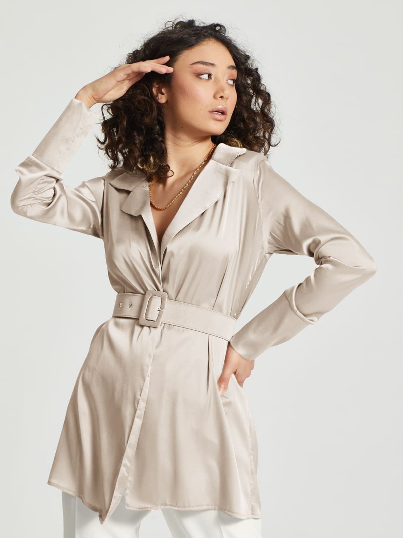 EURMUSE Lapel Neck Belted Shirt - Màu be - Xem 1