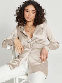 EURMUSE Lapel Neck Belted Shirt - Màu be - Xem 3