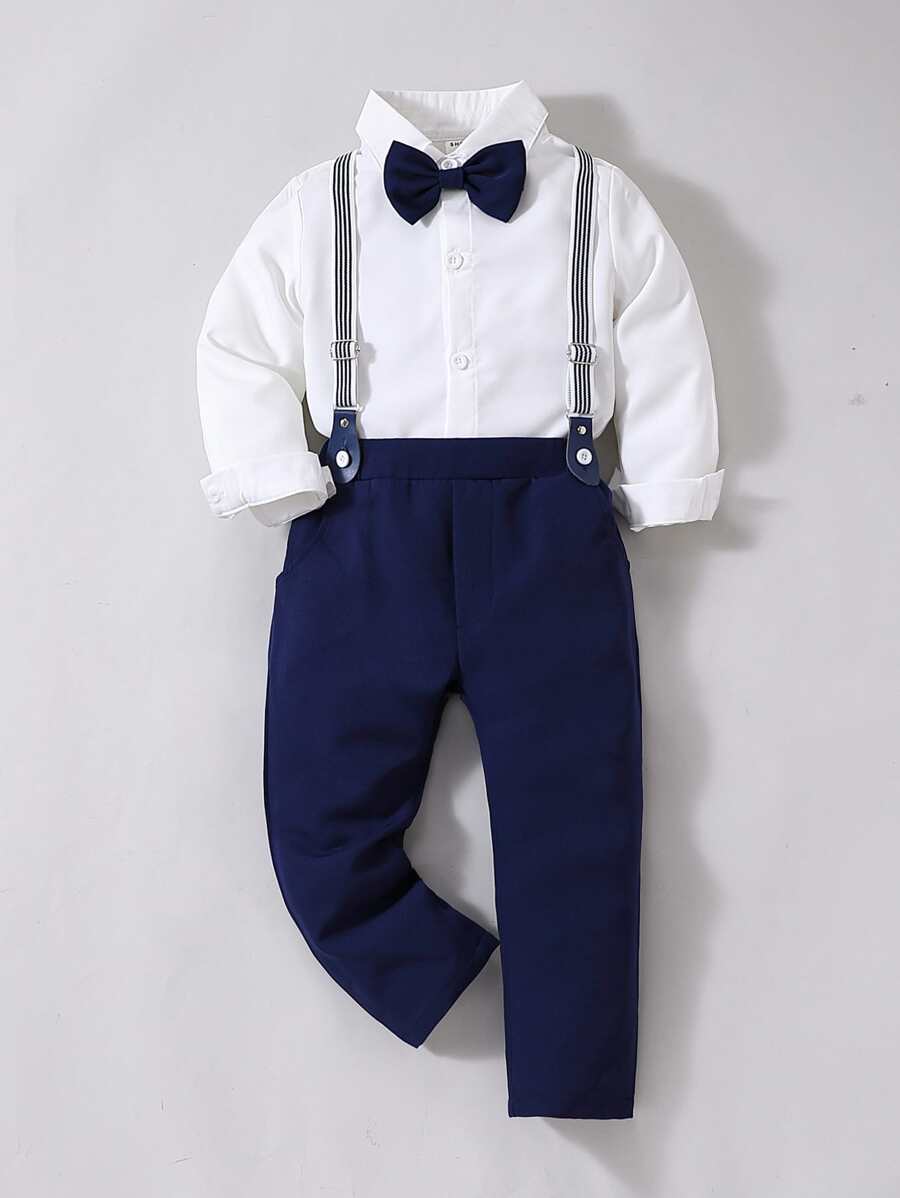 SHEIN 男童蝴蝶结前衬衫和背带裤 男婴正式服装 男婴优雅服装