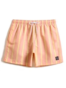 Manfinity Men Striped Letter Patched Detail Drawstring Waist Swim Shorts - Coral Orange - View 1