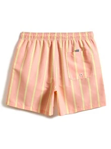 Manfinity Men Striped Letter Patched Detail Drawstring Waist Swim Shorts - Coral Orange - View 2