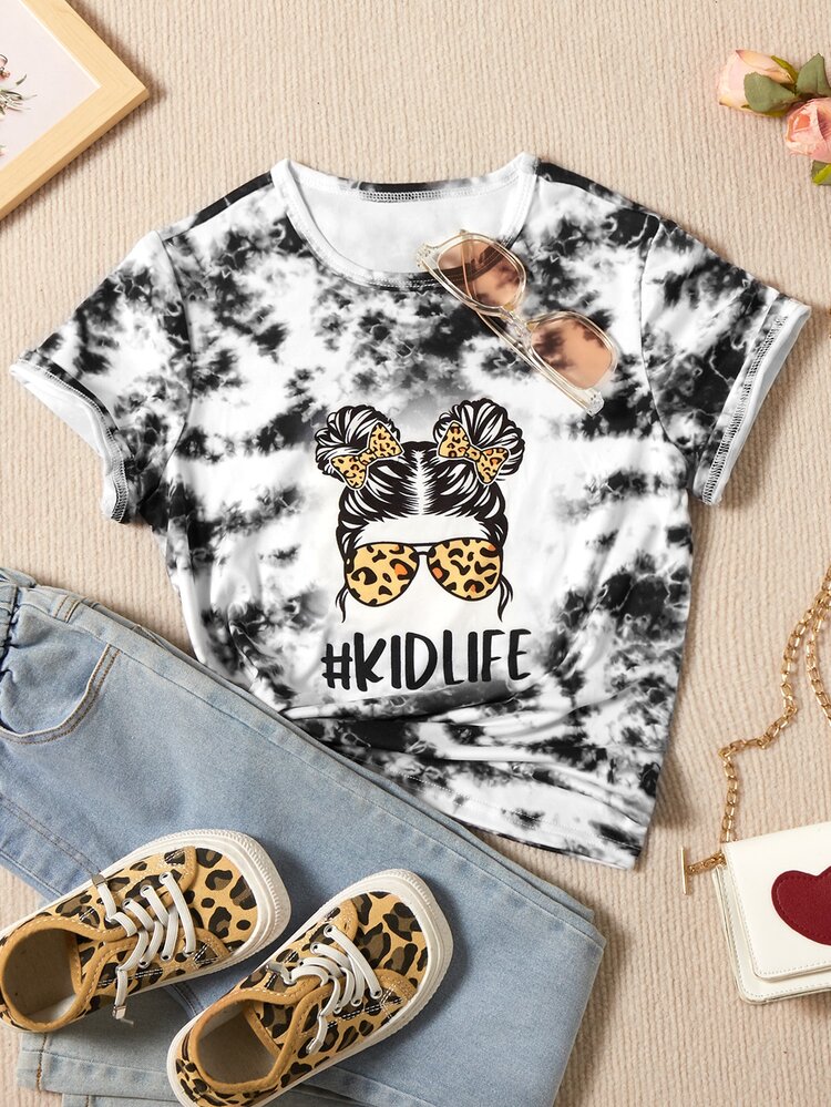 Girls Tie Dye Letter & Figure Graphic Tee