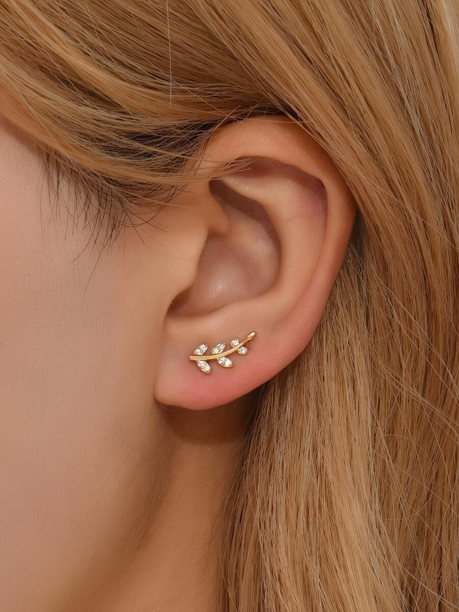 1pc Cubic Zirconia Decor Leaf Stud Earrings Copper Jewelry - Yellow Gold - View 1