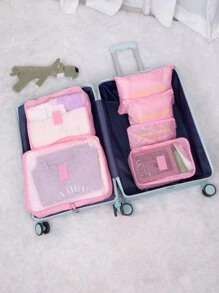 Set de 6 bolsas de viaje portátiles de poliéster, bolsas de embalaje de equipaje cuadradas para viajes con estampado de letras y bohemia - Rosa - Ver 4