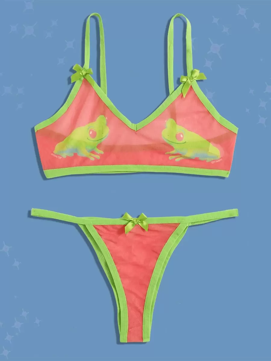 Bev Johnson Street Life Frog Graphic Contrast Binding Bow Decor Mesh Lingerie Set - Multicolor - View 1