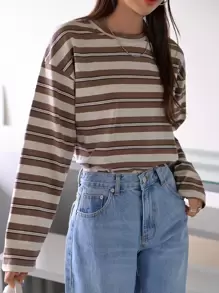 DAZY Block Striped Drop Shoulder Tee,Fall Clothes,Back To School Clothes Long Sleeve Women Tops