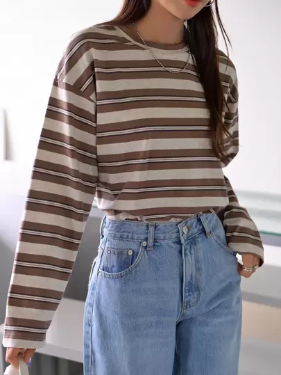 DAZY 块状条纹落肩 T 恤，秋季服装，返校服装长袖女式上衣