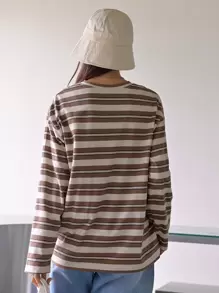 DAZY Block Striped Drop Shoulder Tee,Fall Clothes,Back To School Clothes Long Sleeve Women Tops