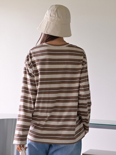 T-shirt à épaules tombantes à rayures en blocs, vêtements d'automne, vêtements de rentrée scolaire, hauts à manches longues pour femmes