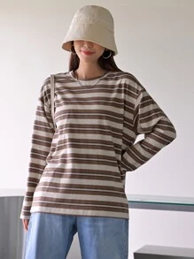 DAZY Block Striped Drop Shoulder Tee,Fall Clothes,Back To School Clothes Long Sleeve Women Tops
