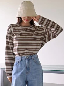 DAZY Block Striped Drop Shoulder Tee,Fall Clothes,Back To School Clothes Long Sleeve Women Tops