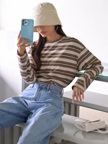 DAZY Block Striped Drop Shoulder Tee,Fall Clothes,Back To School Clothes Long Sleeve Women Tops