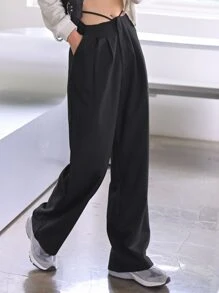 DAZY Tie Back Fold Pleated Trousers - Black - View 5