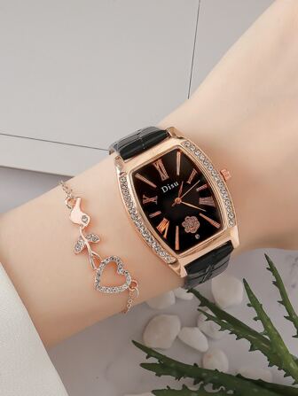 DISU 1pc Rhinestone Decor Tonneau Pointer Quartz Watch & 1pc Bracelet