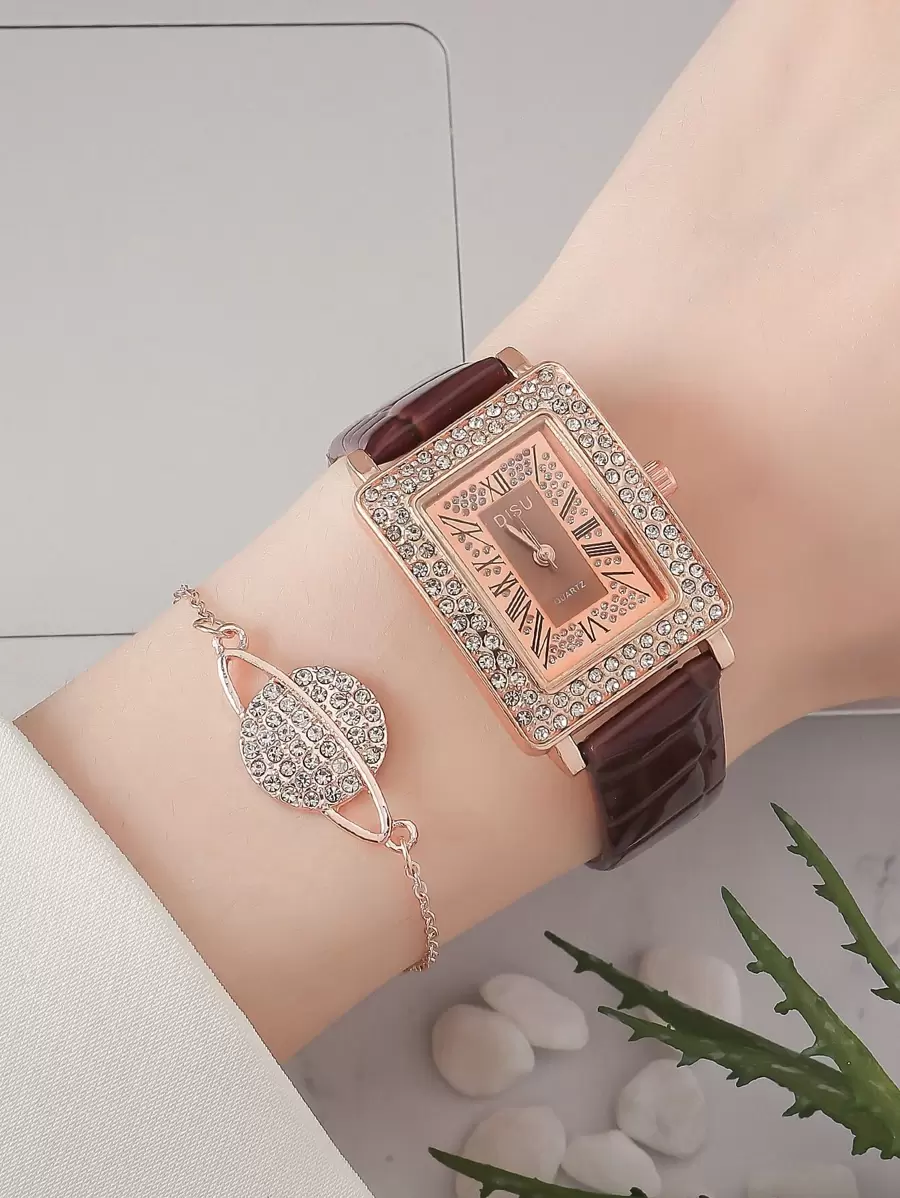 DISU 1 pieza Reloj de cuarzo con decoración de strass y 1 pieza Pulsera, regalo para estudiantes que regresan a la escuela - Café integral - Ver 1