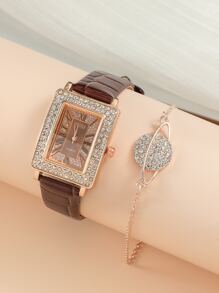DISU 1 pieza Reloj de cuarzo con decoración de strass y 1 pieza Pulsera, regalo para estudiantes que regresan a la escuela - Café integral - Ver 2