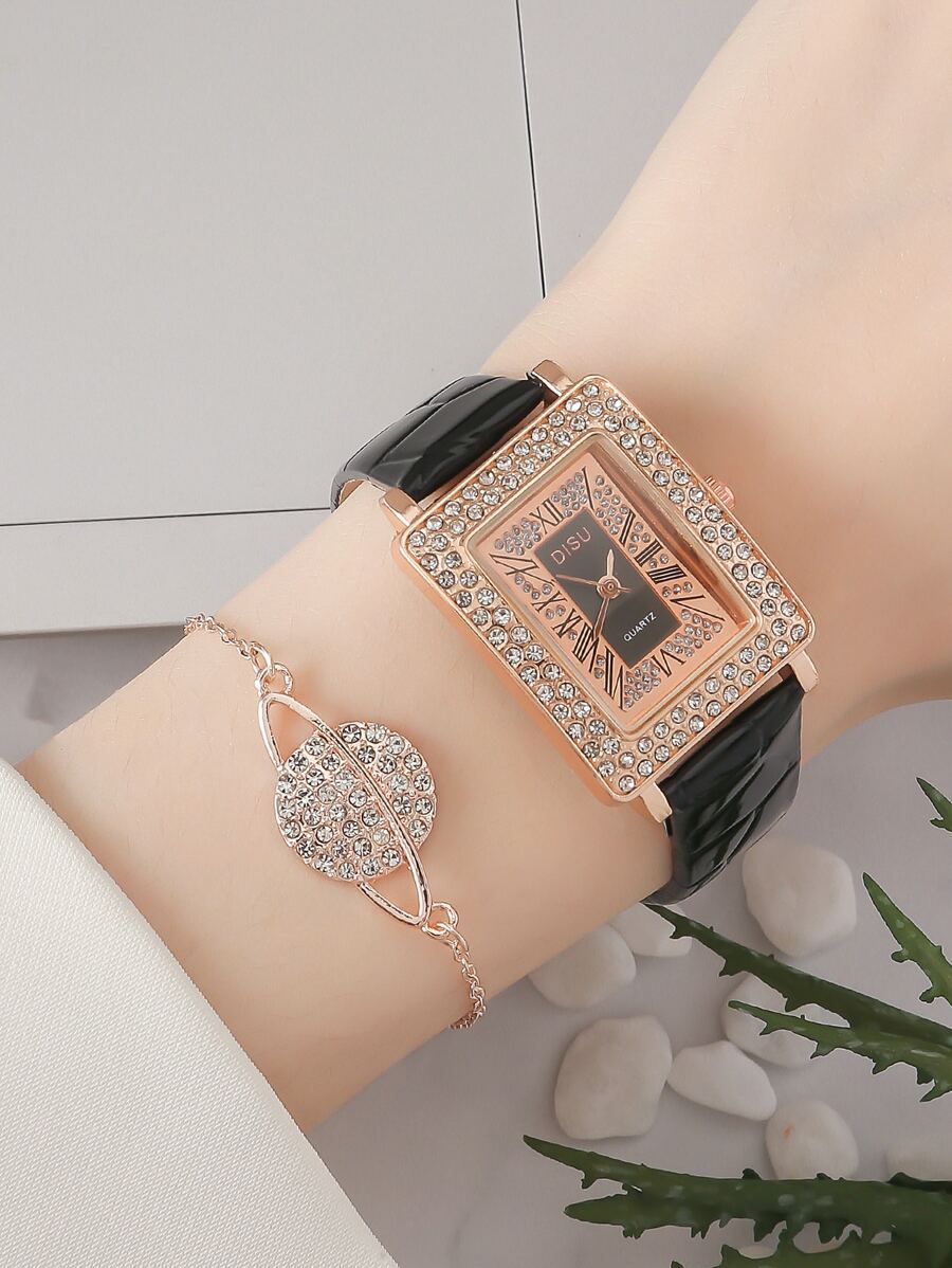 DISU 1 pieza Reloj de cuarzo con puntero rectangular decorado con rhinestone y 1 pieza pulsera como regalo para estudiantes que regresan a la escuela - Negro - Ver 1