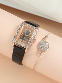 DISU 1 pieza Reloj de cuarzo con puntero rectangular decorado con rhinestone y 1 pieza pulsera como regalo para estudiantes que regresan a la escuela - Negro - Ver 2