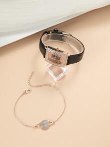 DISU 1 pieza Reloj de cuarzo con puntero rectangular decorado con rhinestone y 1 pieza pulsera como regalo para estudiantes que regresan a la escuela - Negro - Ver 3