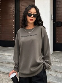 FRIFUL 女款標語印花落肩套頭衫 - 摩卡棕 - 查看 1