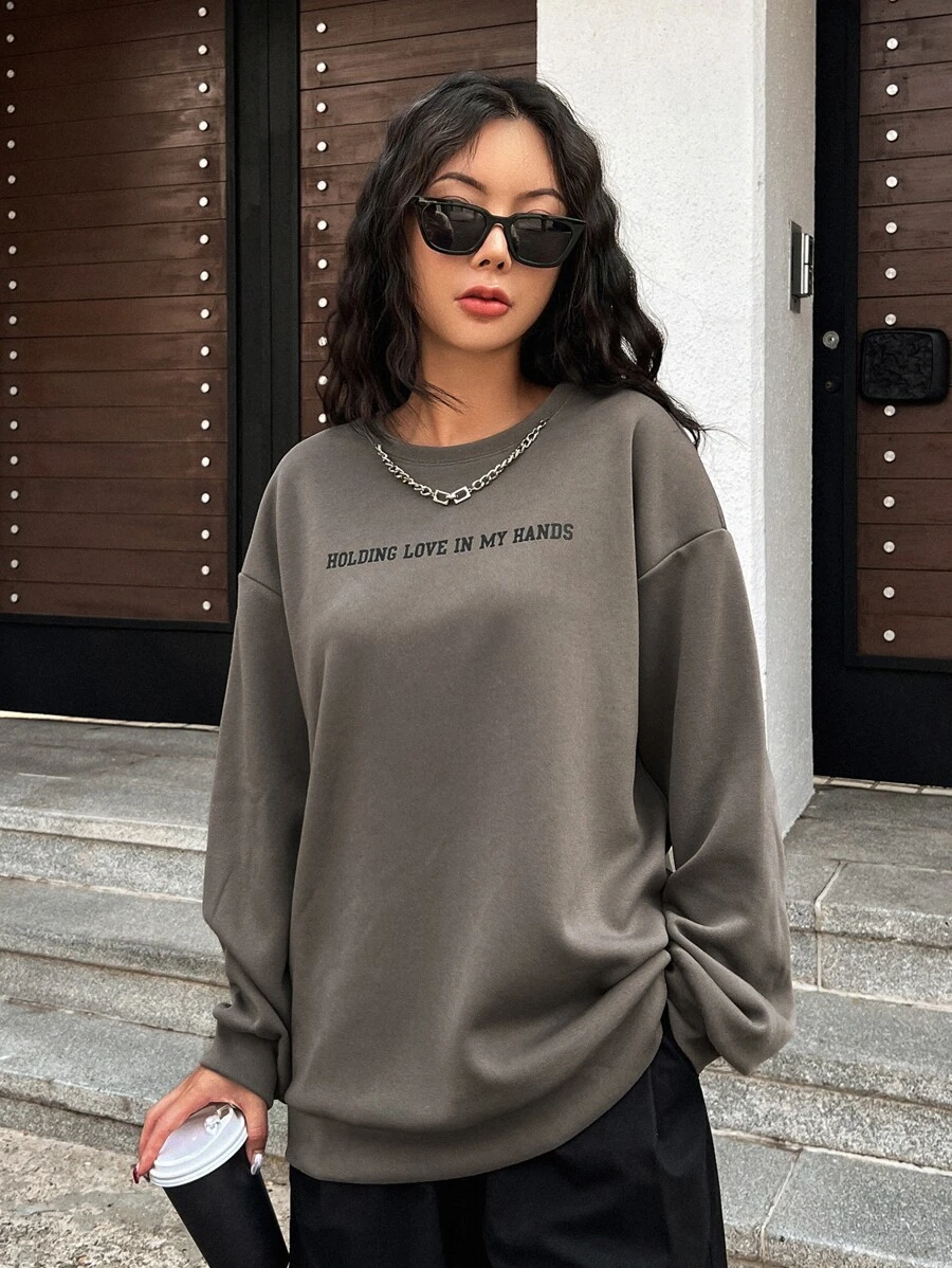 FRIFUL 女款標語印花落肩套頭衫 - 摩卡棕 - 查看 1