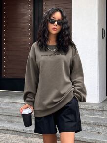 FRIFUL 女款標語印花落肩套頭衫 - 摩卡棕 - 查看 4