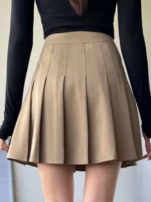 DAZY 纯色百褶裙 秋季半身裙 - 卡其色 - 查看 2