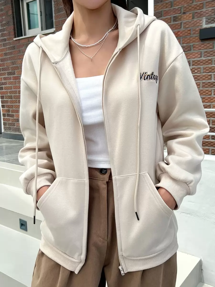 DAZY 字母图案落肩抽绳拉链保暖连帽衫，秋季服装运动衫夹克 - 杏色 - 查看 1