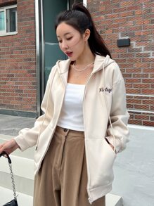 DAZY 字母图案落肩抽绳拉链保暖连帽衫，秋季服装运动衫夹克 - 杏色 - 查看 2