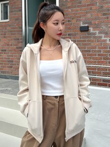 DAZY 字母图案落肩抽绳拉链保暖连帽衫，秋季服装运动衫夹克 - 杏色 - 查看 3