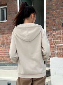 DAZY 字母图案落肩抽绳拉链保暖连帽衫，秋季服装运动衫夹克 - 杏色 - 查看 7