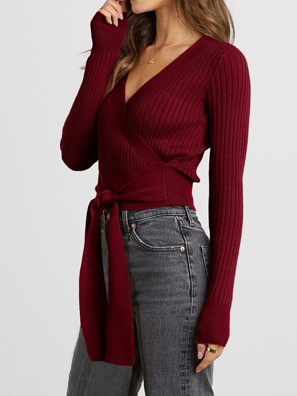 Overlap Collar Tie Front Ribbed Knit Jumper SHEIN UK
