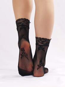 3 Pairs Leopard, Skull, Tiger Print Lace Trim Short Fishnet Socks - Black - View 5