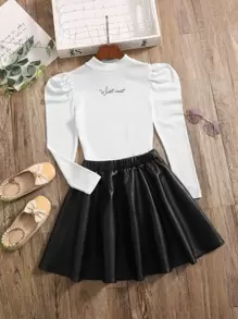 SHEIN 青少女字母圖形肥袖t恤與擴腳裙 - 黑與白 - 查看 1