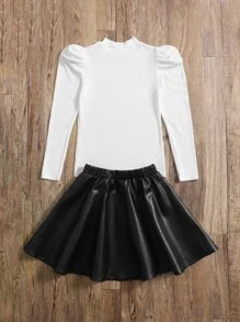 SHEIN 青少女字母圖形肥袖t恤與擴腳裙 - 黑與白 - 查看 2