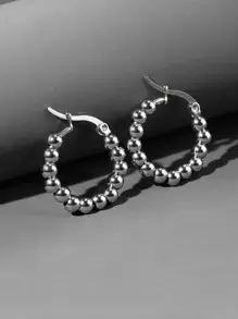 2 件女士不锈钢银色珍珠圈形耳环 - 銀色 - 查看 1