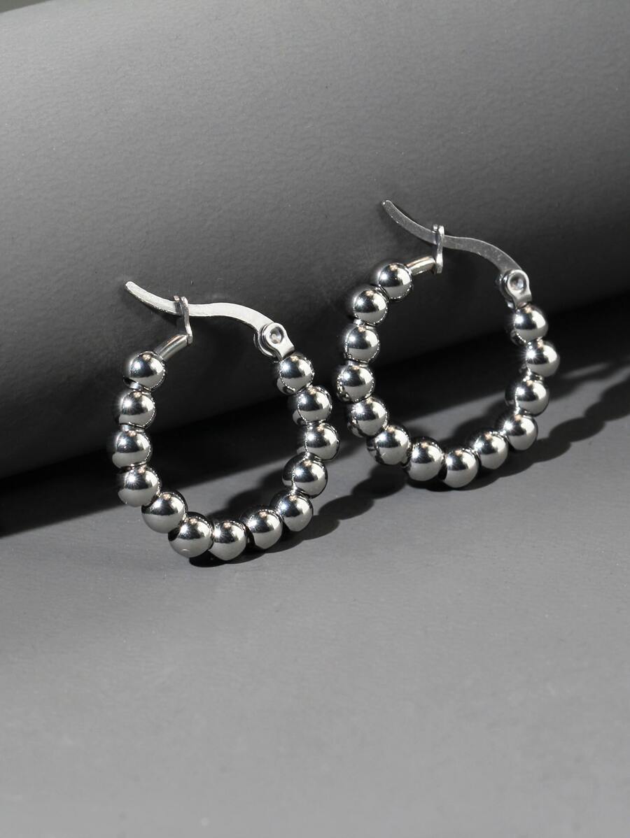 2 件女士不锈钢银色珍珠圈形耳环 - 銀色 - 查看 1