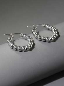 2 件女士不锈钢银色珍珠圈形耳环 - 銀色 - 查看 2
