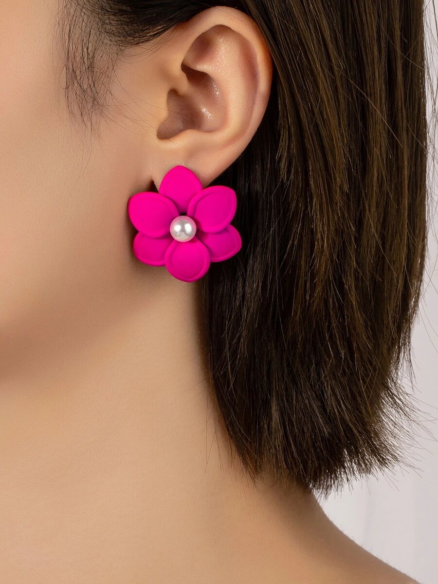 假珍珠裝飾花設計耳釘 - 玫紅色 - 查看 1