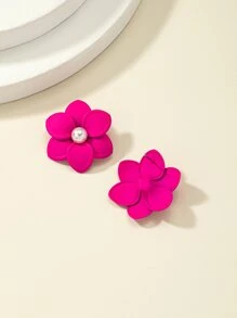 假珍珠裝飾花設計耳釘 - 玫紅色 - 查看 3