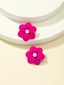 假珍珠裝飾花設計耳釘 - 玫紅色 - 查看 4