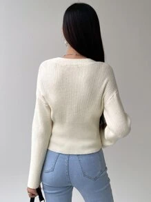 DAZY Ribbed Knit Surplice Neck Drop Shoulder Jumper - Beige - View 2