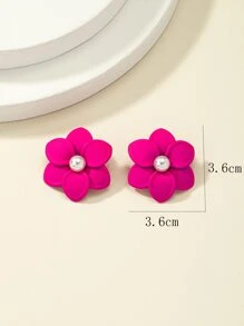 假珍珠裝飾花設計耳釘 - 玫紅色 - 查看 5