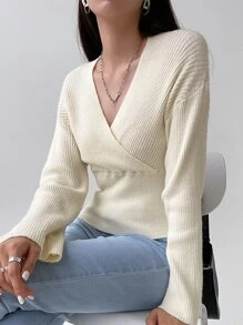 DAZY Ribbed Knit Surplice Neck Drop Shoulder Jumper - Beige - View 3