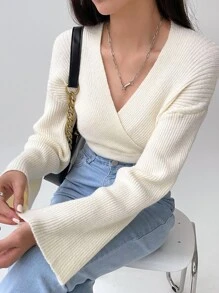 DAZY Ribbed Knit Surplice Neck Drop Shoulder Jumper - Beige - View 5