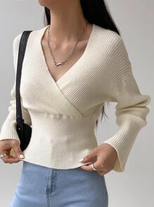 DAZY Ribbed Knit Surplice Neck Drop Shoulder Jumper - Beige - View 7