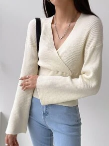 DAZY Ribbed Knit Surplice Neck Drop Shoulder Jumper - Beige - View 8